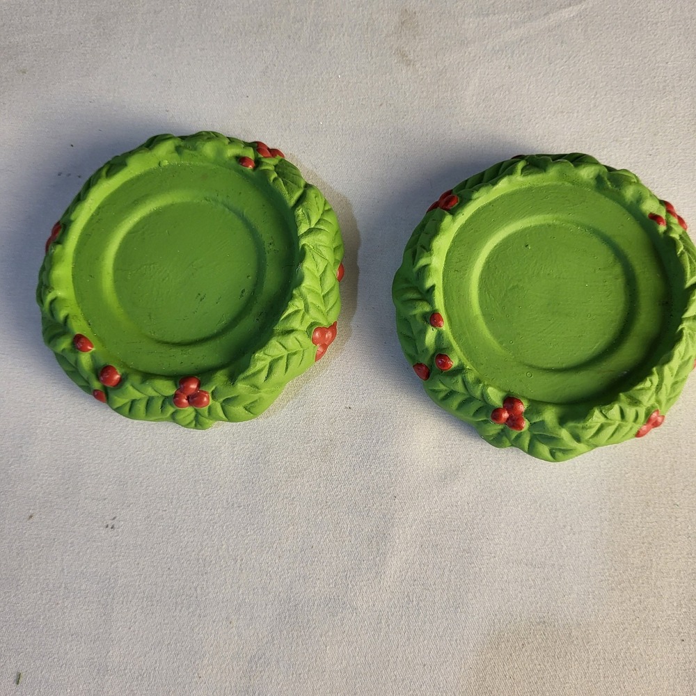 Vtg Pair Gerson Green Holly Porcelain Candle Holders 90s